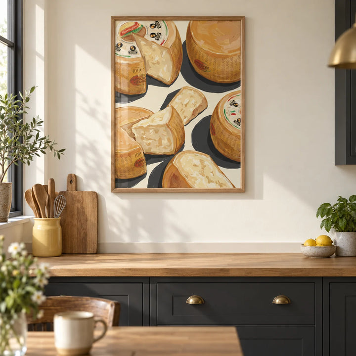 Parmegiano Reggiano Art, framed on the wall of a contemporary kitchen in a UK terraced home with warm ivory walls