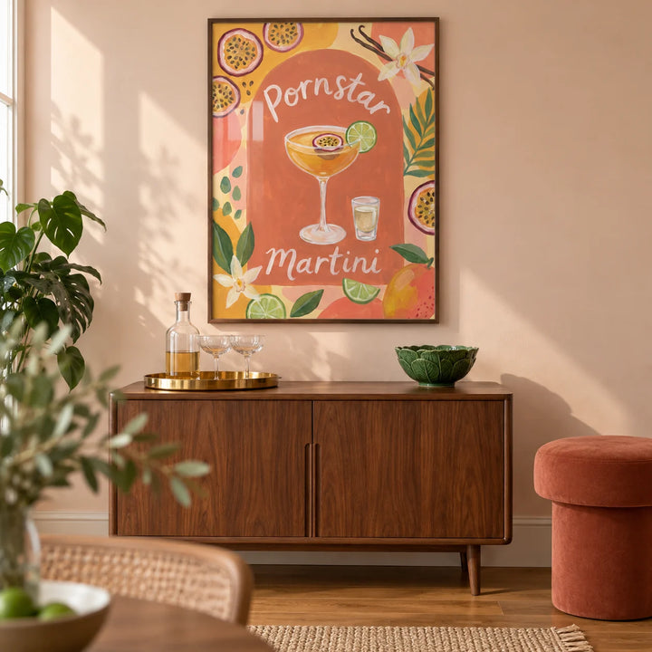 Passion Fruit Martini Poster, framed on the wall of a warm contemporary home bar in a UK flat with a pale peach wall and oak floor in a living room