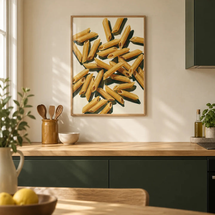 Penne Art, framed on the wall of a contemporary kitchen in a UK terraced house with warm cream walls
