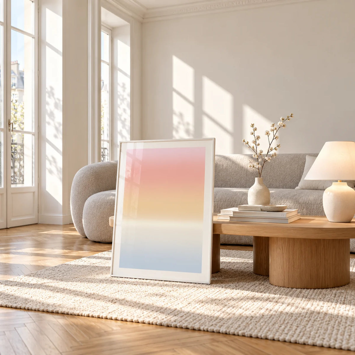 Pastel Pink Print, framed and leaning against a coffee table in a bright living room