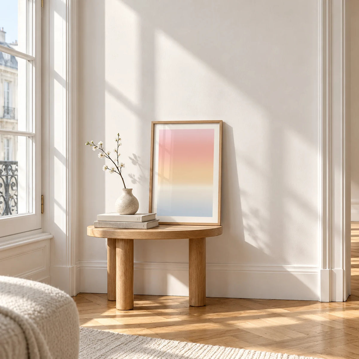 Pastel Pink Print, a small A4 framed print leaning on a small solid oak side table