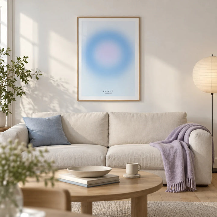 Peace Poster, framed on the wall of a calm contemporary living room in a UK first flat (25-35) with chalk-white walls and pale oak floorboards