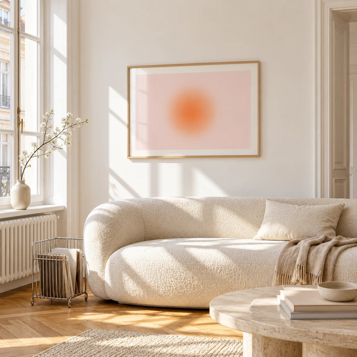 Peach Aura Print, framed on the wall of a bright living room corner
