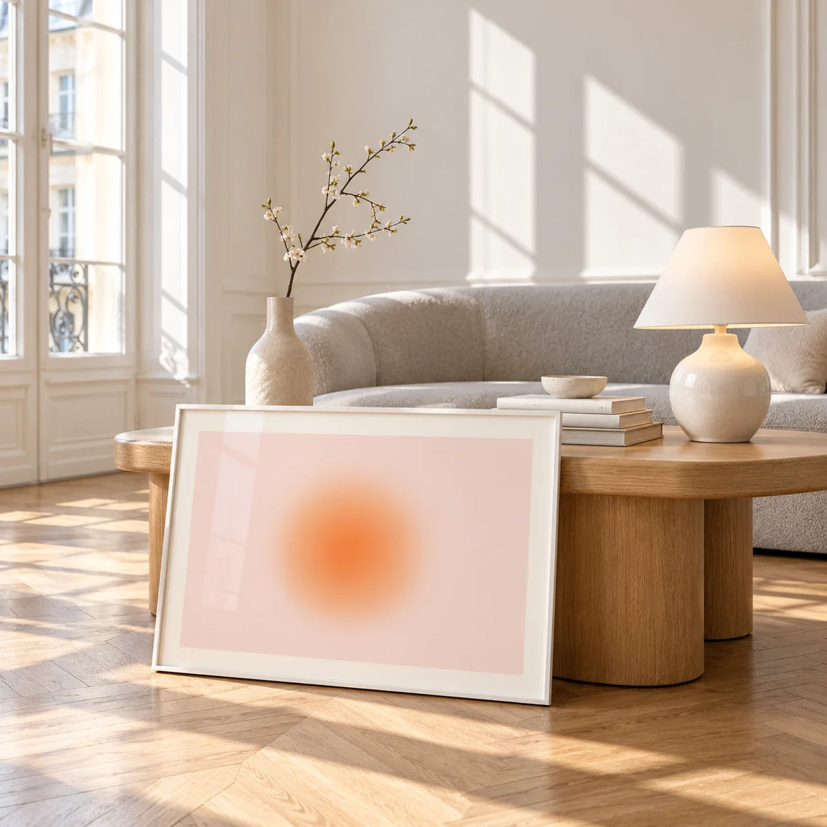 Peach Aura Print, framed and leaning against a coffee table in a bright living room