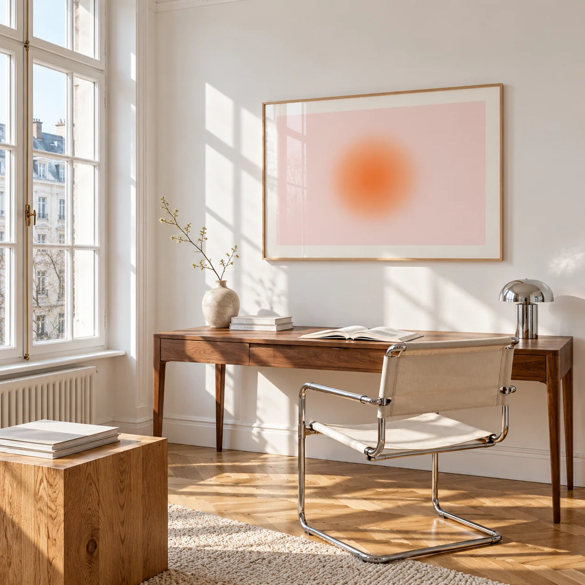 Peach Aura Print, framed on the wall of a bright study corner with a tall white paned window