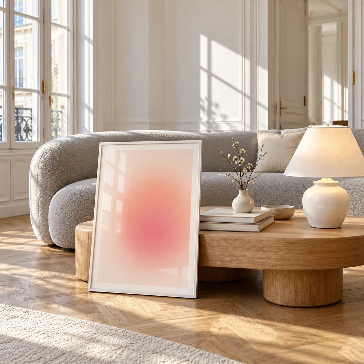 Peach Print, framed and leaning against a coffee table in a bright living room
