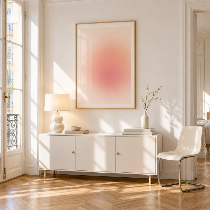 Peach Print, framed on the wall of a bright Paris style apartment in a living room