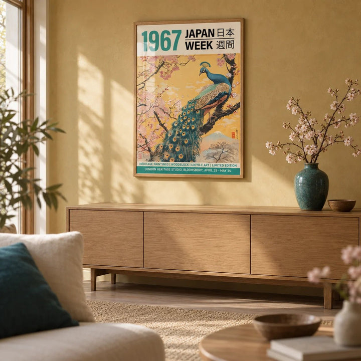Peacock Wall Art for Living Room, framed on the wall of a modern Japandi living room with a soft mustard limewashed wall