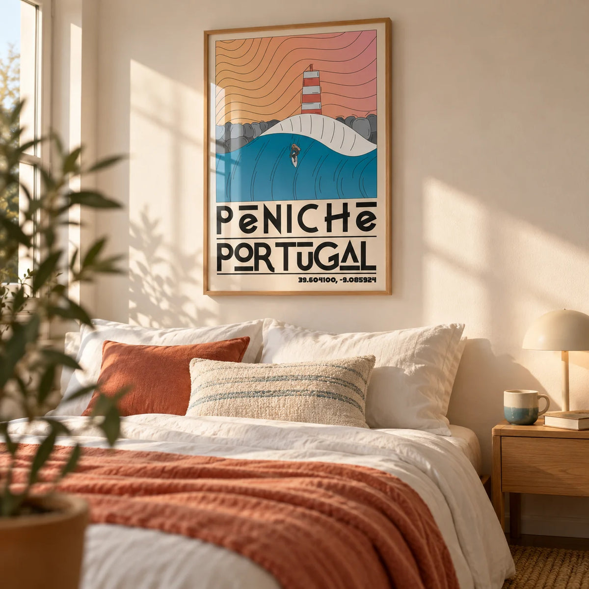Peniche Portugal Wall Art, framed on the wall of a young adult's bedroom (20-30)