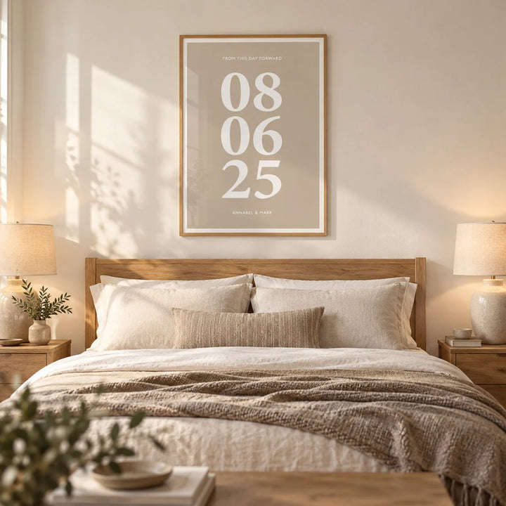 Personalized Anniversary Gift, framed on the wall of a calm couple's bedroom with a warm white wall