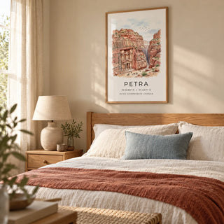 Petra Art Print, framed on the wall of a calm adult bedroom in a UK home with sandy beige walls and warm wood furniture