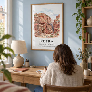 Petra Art Print, framed on the wall of a quiet home study in a UK flat with pale blue walls and simple oak shelving