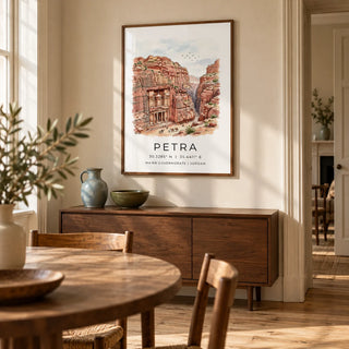 Petra Art Print, framed on the wall of a relaxed dining room in a UK period home with warm ivory limewashed walls and a plain wooden floor
