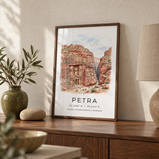 Petra Art Print, a small A4 framed print leaning on a walnut sideboard in a living room
