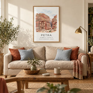 Petra Art Print, framed on the wall of a warm living room in a UK Victorian terrace with ivory plaster walls