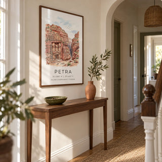 Petra Art Print, framed on the wall of a welcoming hallway in a UK terraced home with warm white walls and a shallow arched doorway