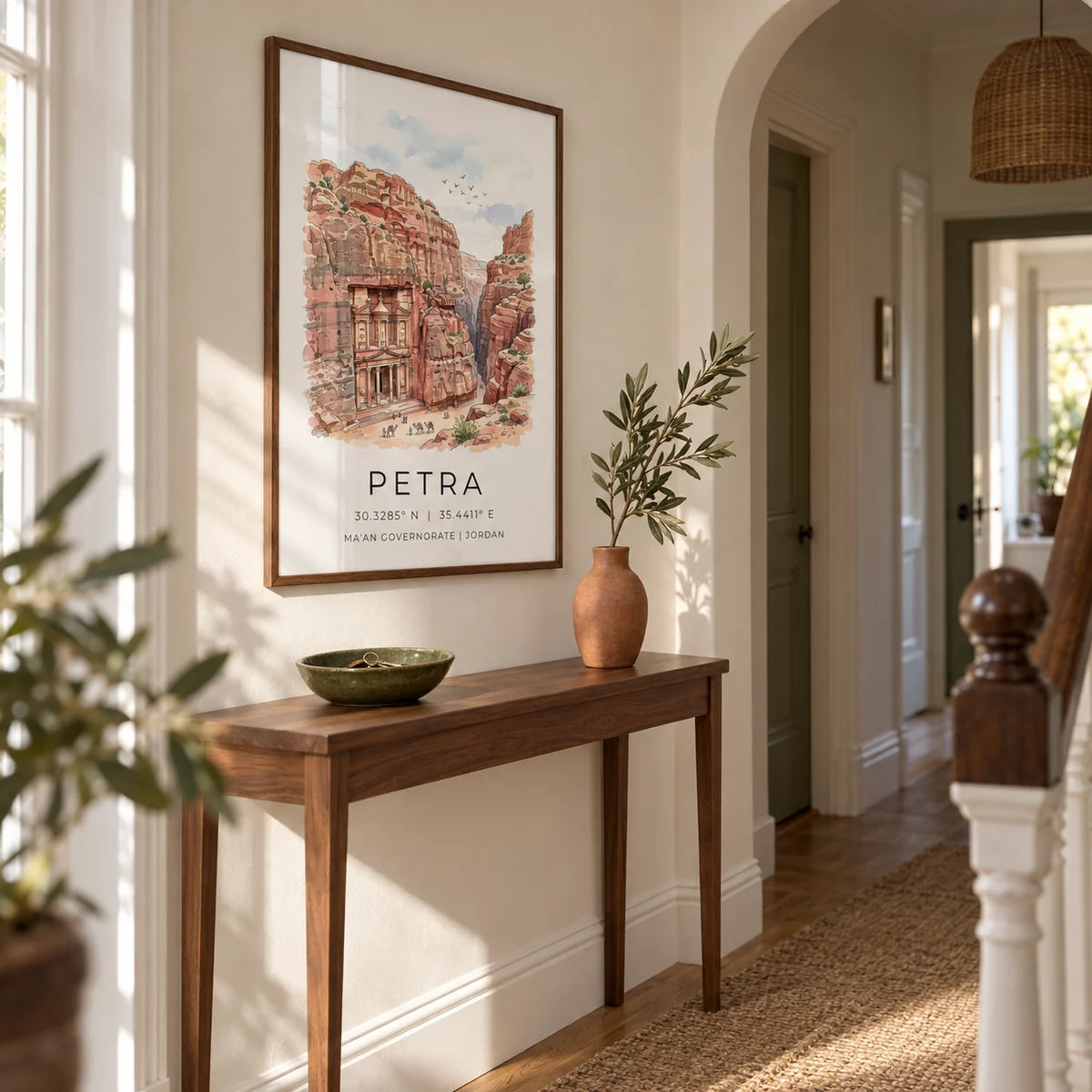Petra Art Print, framed on the wall of a welcoming hallway in a UK terraced home with warm white walls and a shallow arched doorway