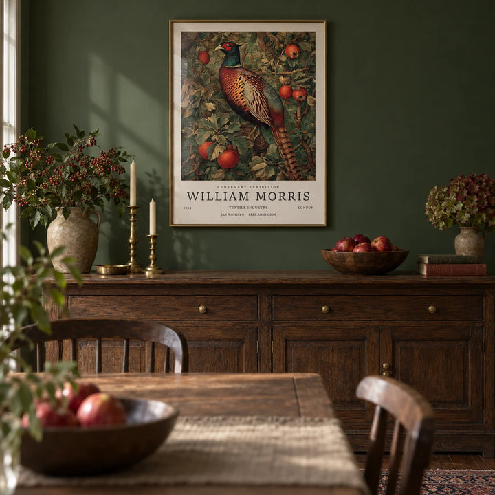 Pheasant Wall Art, framed on the wall of a country dining room with a deep green painted wall and a dark wood floor