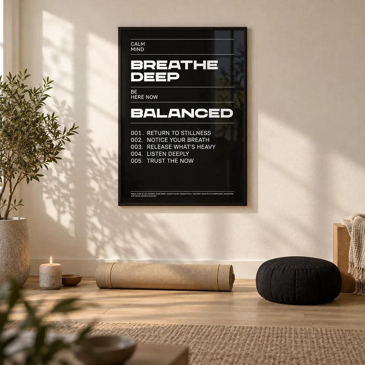 Phrases for Wall Art, framed on the wall of a calm yoga room with a warm white wall and a pale oak floor