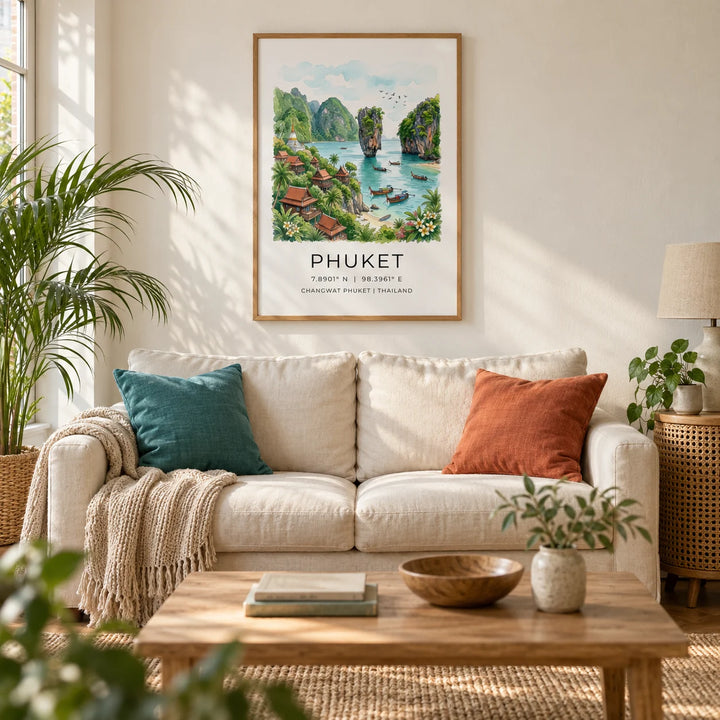 Phuket Art Print, framed on the wall of a relaxed living room in a UK terraced home with warm white plaster walls