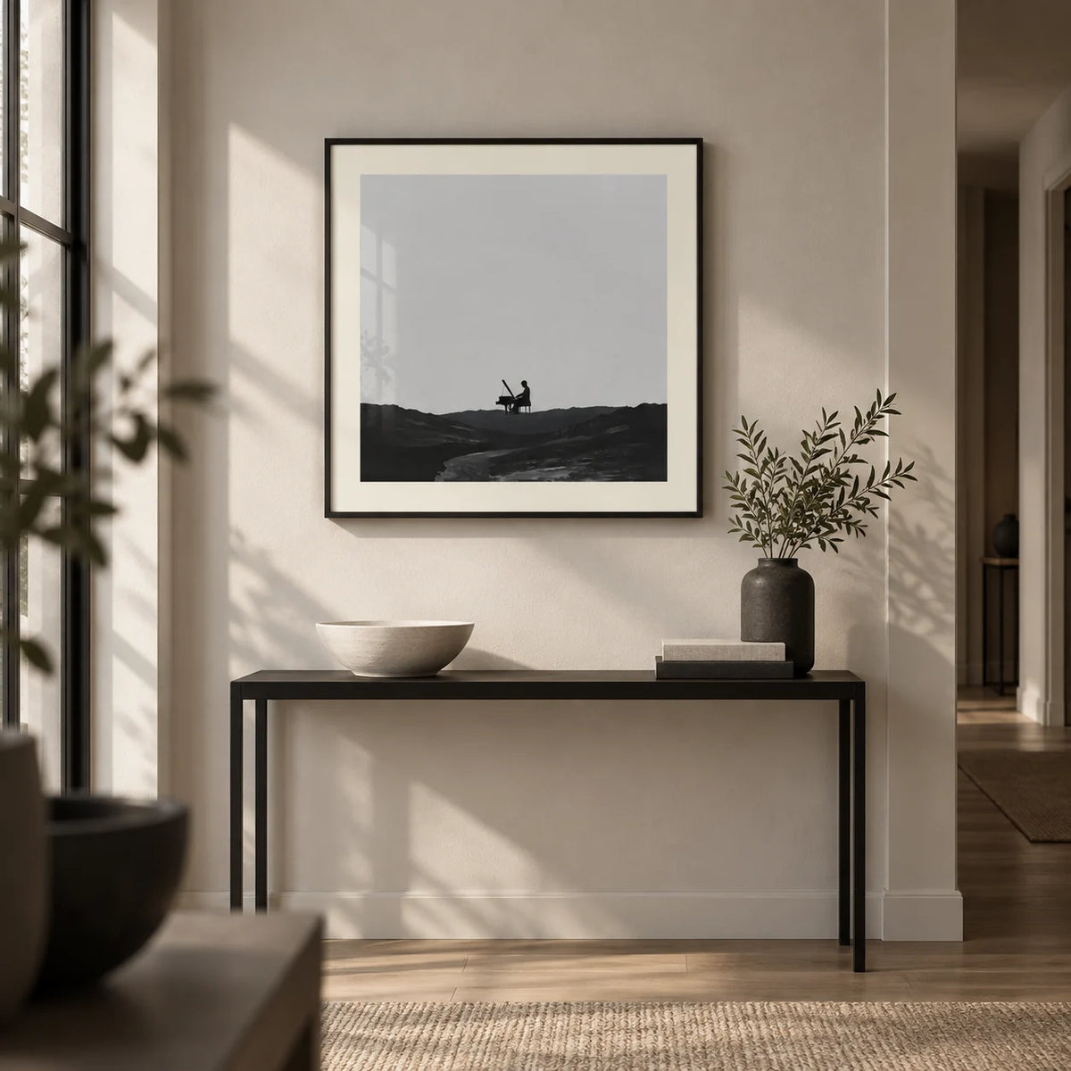 Piano Abstract Art, framed on the wall of a calm hallway
