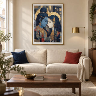 Pic Of Shiva And Parvati Wall Art, framed on the wall of a contemporary living room in a British terraced home with warm ivory plaster walls and walnut furniture