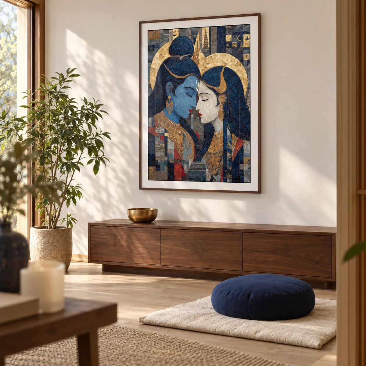 Pic Of Shiva And Parvati Wall Art, framed on the wall of a quiet home meditation room with warm white walls and a pale oak floor