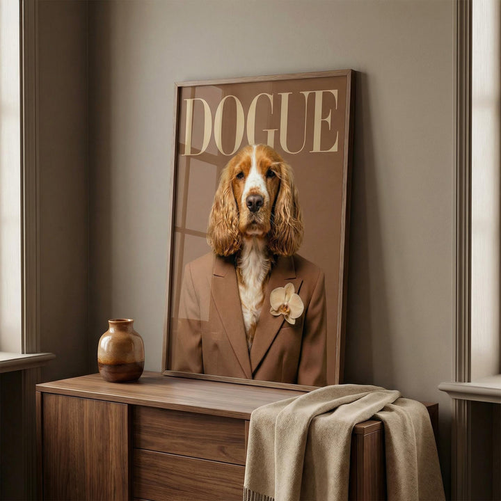 Modern Dog Print leaning on a wooden sideboard with a ceramic vase in a neutral room