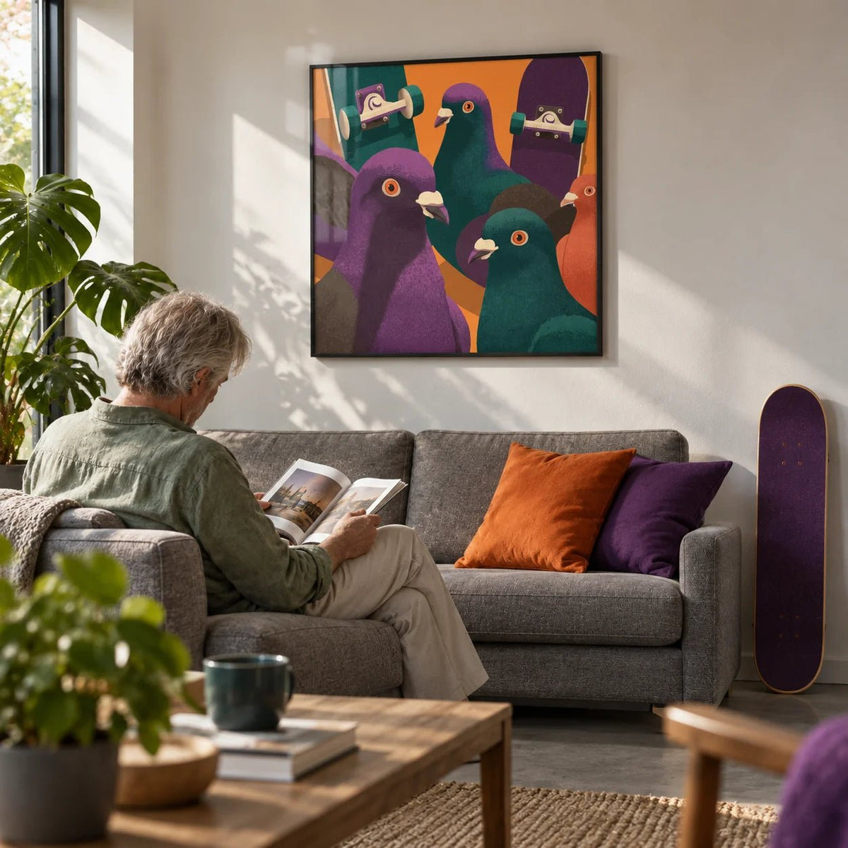 Pigeon Skateboard Art, framed on the wall of a first-flat living room (22-28) with a concrete floor