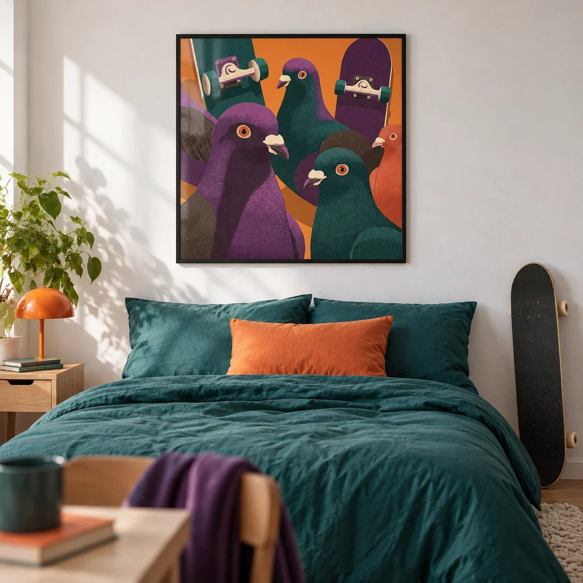 Pigeon Skateboard Art, framed on the wall of a teenager's bedroom (14-17) with a plain white wall