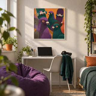 Pigeon Skateboard Art, framed on the wall of a uni room (18-21) in a bedroom