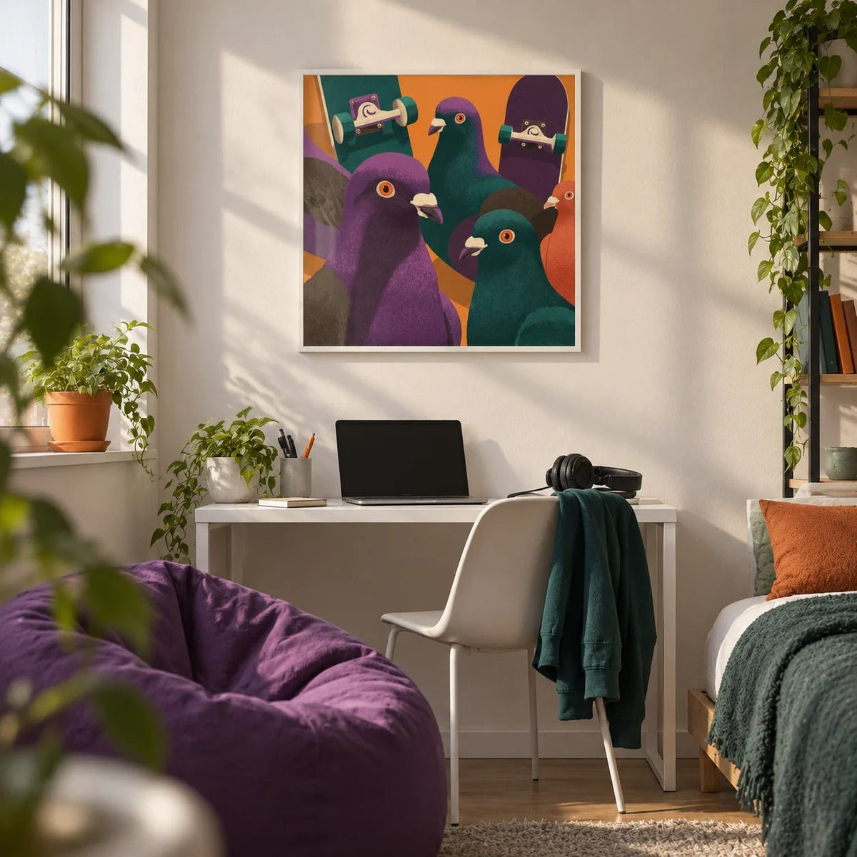 Pigeon Skateboard Art, framed on the wall of a uni room (18-21) in a bedroom