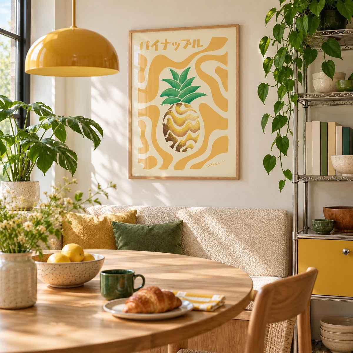 Pineapple Print hung above a breakfast nook in a city apartment kitchen (frame not included)