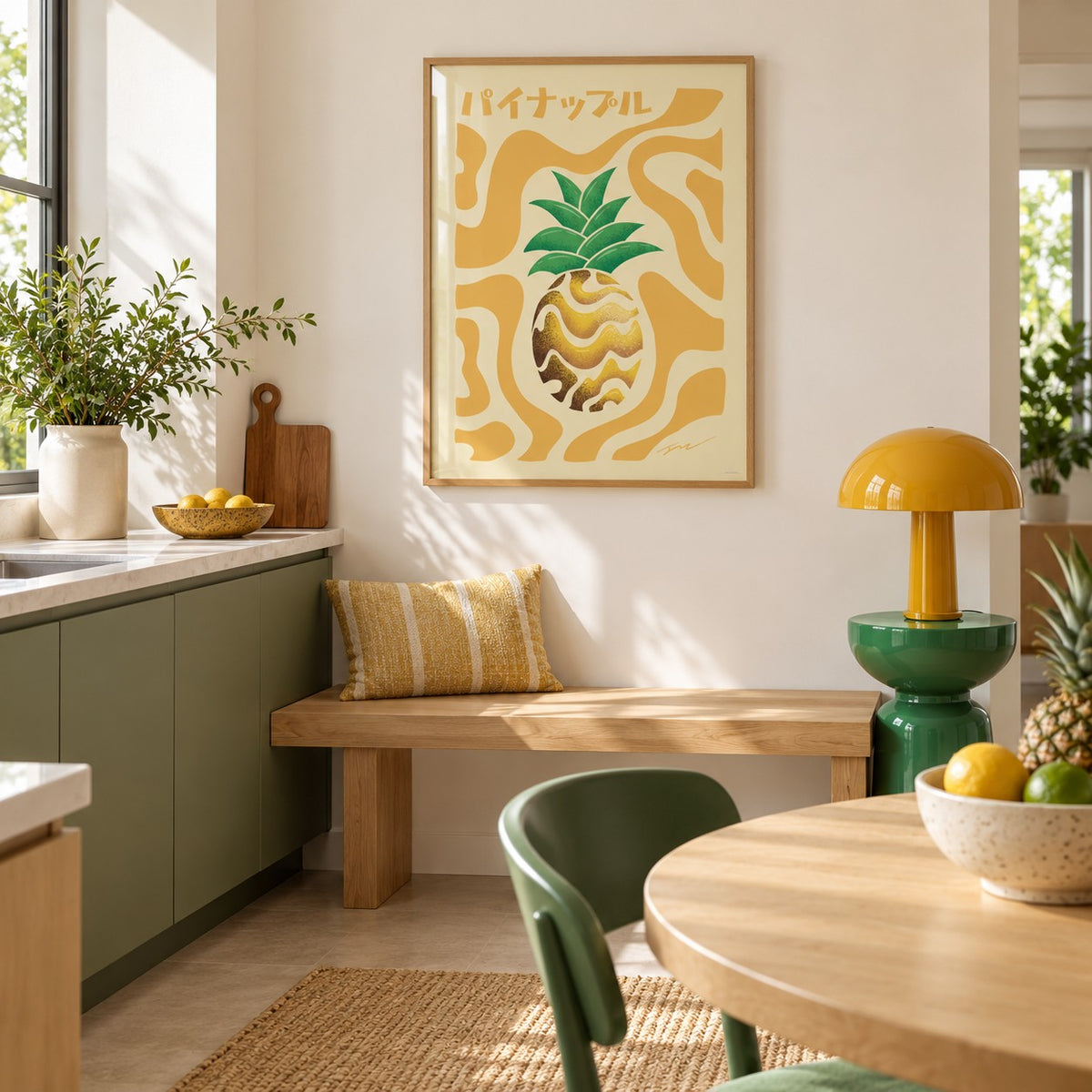Pineapple Print hung above a breakfast bench in a colourful minimalist kitchen (frame not included)