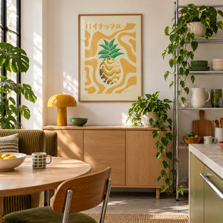 Pineapple Print hung above an oak sideboard in a creative apartment kitchen (frame not included)