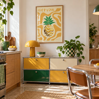 Pineapple Print hung above a retro modular console in a playful kitchen (frame not included)