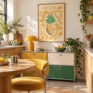 Pineapple Print hung above a retro sideboard in a kitchen dining area (frame not included)