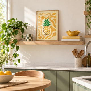 Pineapple Print in the small A4 size, leaning on a kitchen shelf (frame not included)