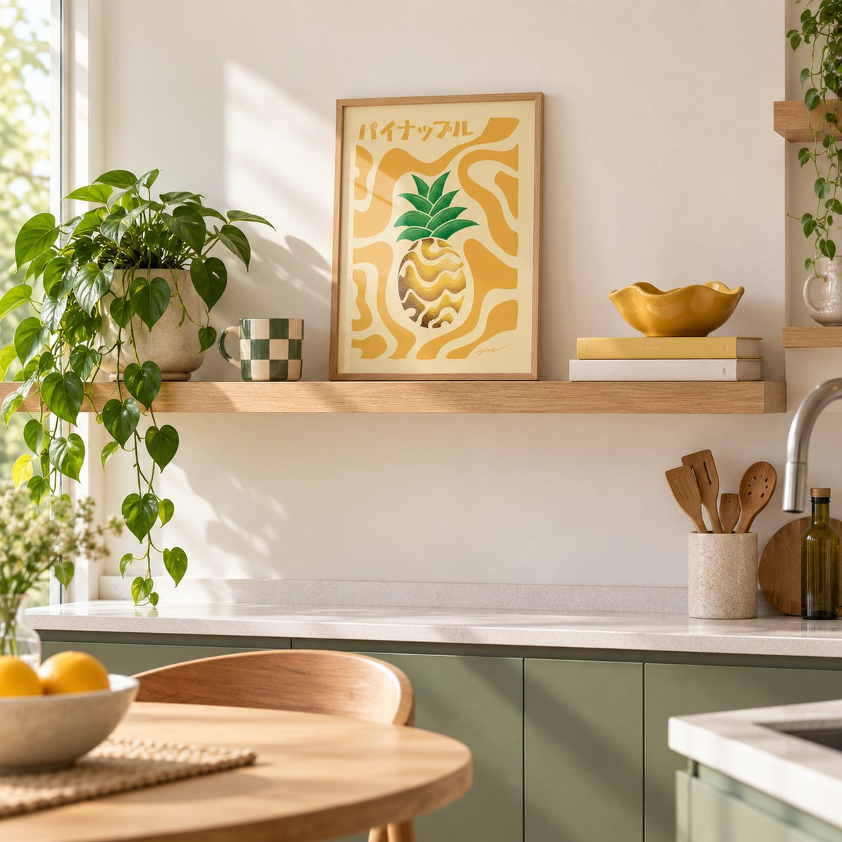 Pineapple Print in the small A4 size, leaning on a kitchen shelf (frame not included)
