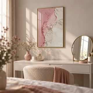 Pink Abstract Print, framed on the wall of a bedroom dressing table