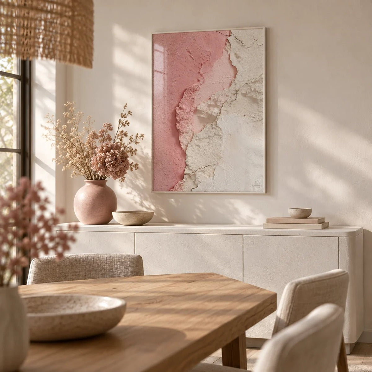 Pink Abstract Print, framed on the wall of a calm dining room