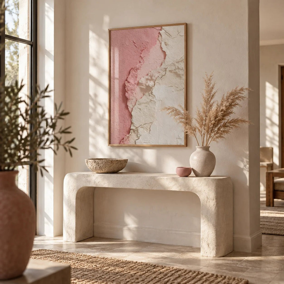 Pink Abstract Print, framed on the wall of a calm entryway