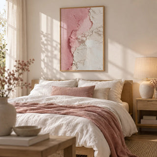 Pink Abstract Print, framed on the wall of a soft calm bedroom