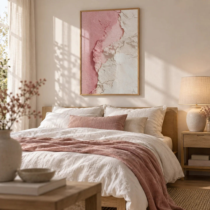 Pink Abstract Print, framed on the wall of a soft calm bedroom
