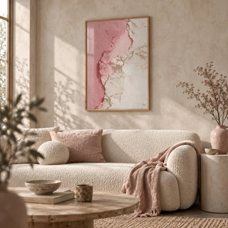 Pink Abstract Print, framed on the wall of a wabi-sabi living room