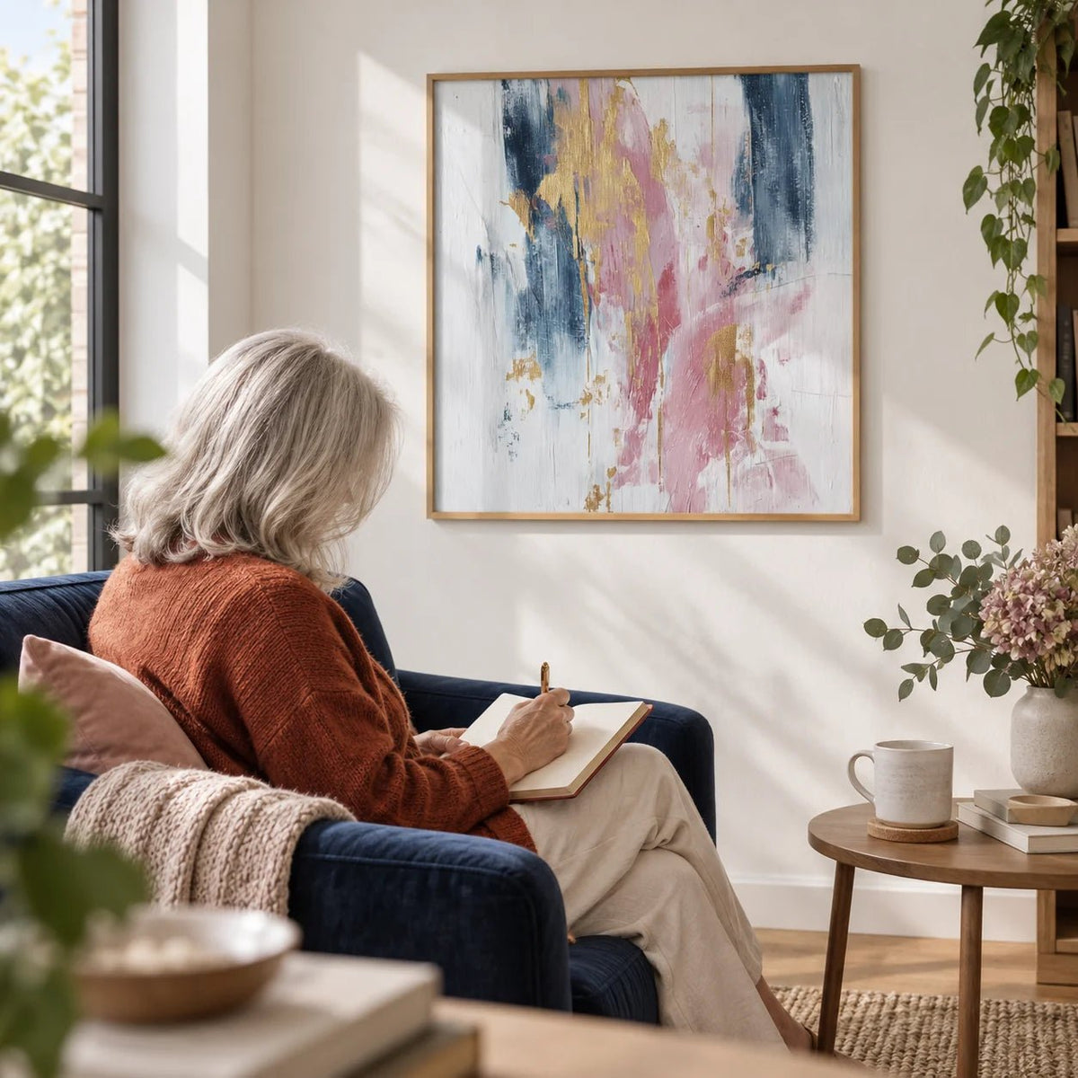 Pink Abstract Square Art, framed on the wall of a calm reading corner with a white wall in a living room
