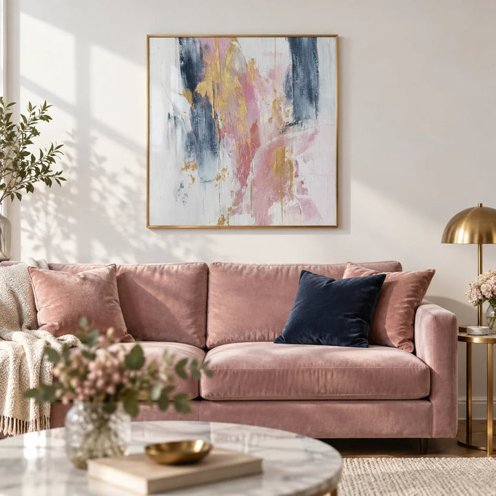 Pink Abstract Square Art, framed on the wall of a soft modern living room with a white wall