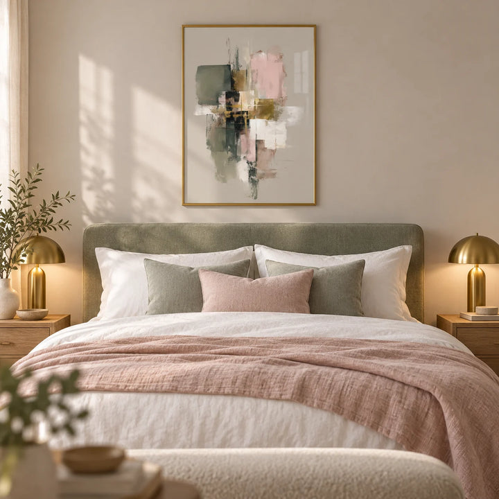Pink And Green Wall Art, framed on the wall of a calm bedroom