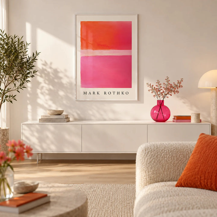 Pink and Orange Wall Art, framed on the wall of a design-led city flat living room with a warm white wall and a pale oak floor