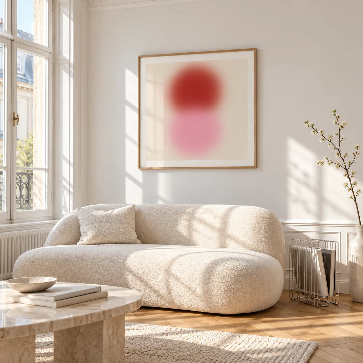 Pink and Red Print, framed on the wall of a bright living room corner